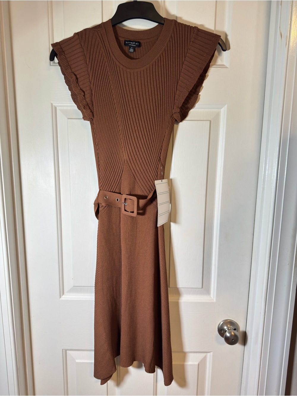 NWT Anthropologie Current Air Brown Ribbed Flutter Sleeve Belted Sweater Dress